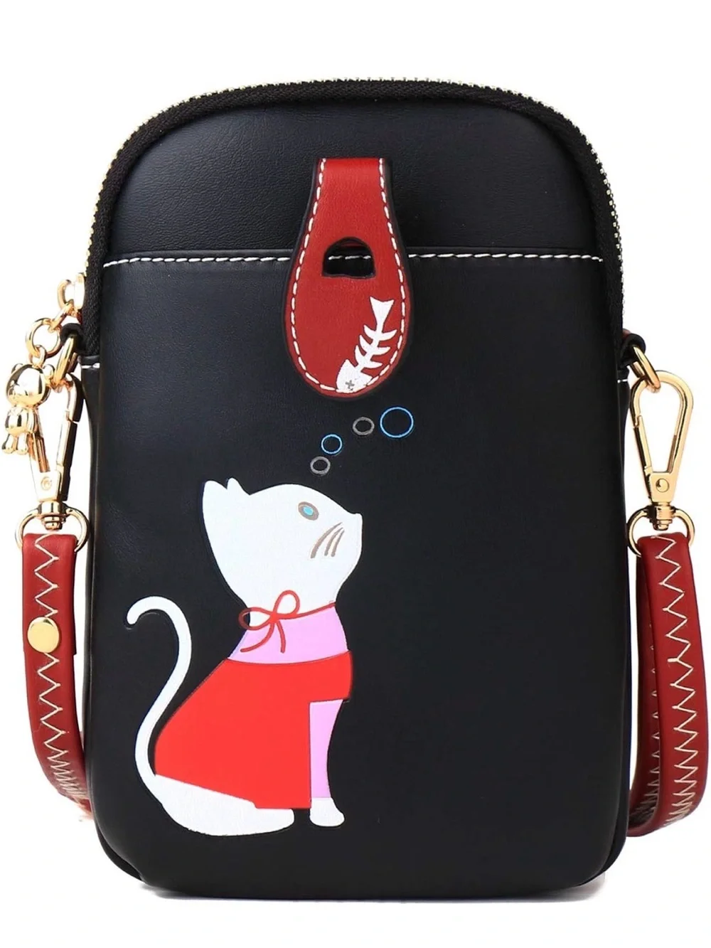 Black Cat Print Crossbody Bag with Red Accents - Picture 1 of 4